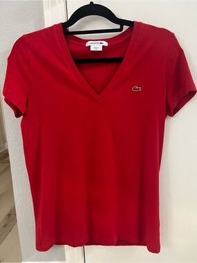 Lacoste Women’s Red V-Neck Short Sleeve Tee with Embroidered Logo